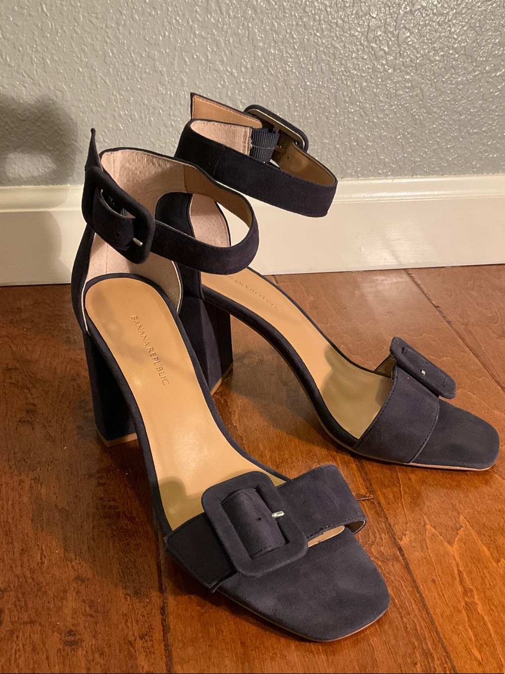 Banana Republic Navy Suede Block Heel Sandals with Buckle Accent
